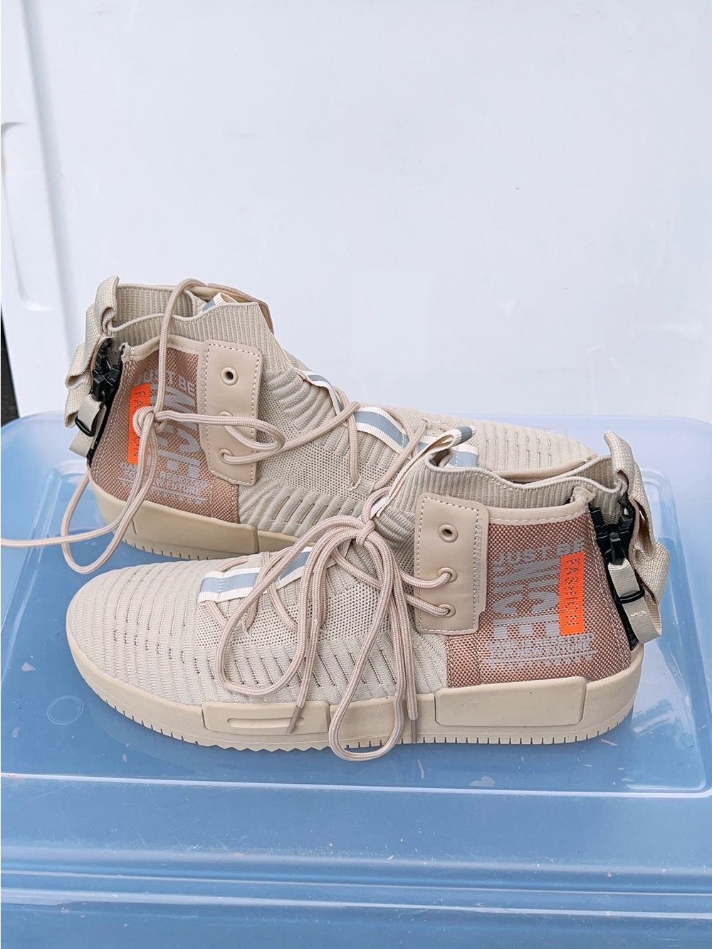 ❌SOLD❌Beige High-Top Knit Sneakers with Orange Accent